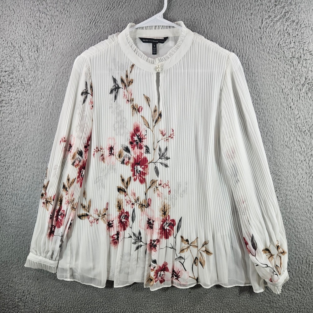 White House Black Market Floral Pleated Blouse White Red Pearl Keyhole Size 8